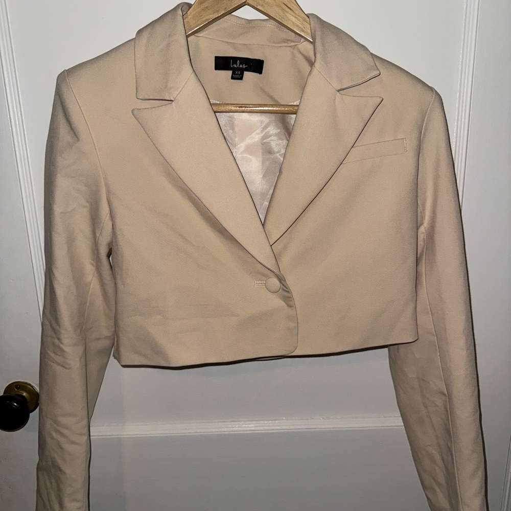 Lulu's Corporate Chic Beige Cropped Blazer
